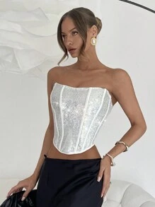 Chiquease 女士夏季闪亮亮片抹胸上衣，适合派对 - 銀色 - 查看 1