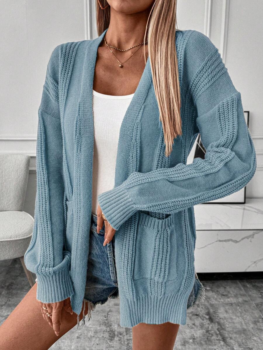 Chiquease Áo khoác cardigan trễ vai màu trơn cho nữ có hai túi - Màu xanh bụi bặm - Xem 1