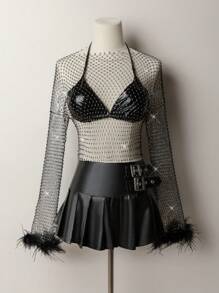 SHEIN ICON 鱼网长袖圆领拼布蓬松边饰 Y2K 派对女士音乐会女士闪光闪亮水钻上衣