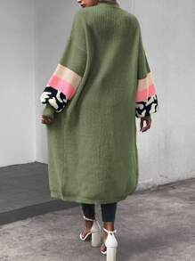 SHEIN LUNE 女士豹纹落肩长袖宽松长款开衫，秋冬 - 軍綠色 - 查看 2