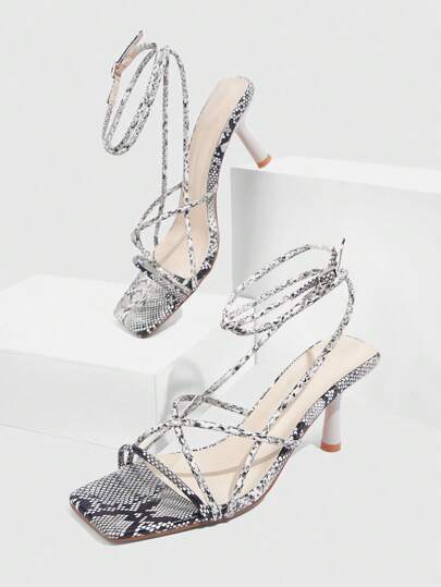 CUCCOO SZL Square Toe Low Block Heel Snake Print Strap Ladies High Heel Sandals