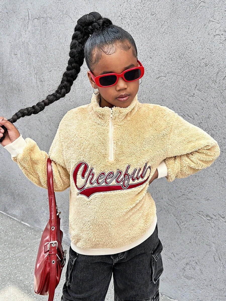 SHEIN Explorewe Girls' Stand Collar Half-Zip Front Double-Sided Fleece Sweatshirt With Embroidered Letters, Warm For Autumn/Winter - White - View 1
