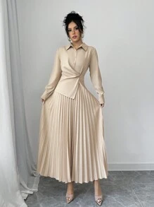 Selianne 女士休闲纯色优雅褶皱腰中长连衣裙，秋季长款女装 - 杏色 - 查看 3