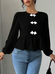 Selianne Blusa de mujer con cuello redondo, mangas con volantes, colorblock y botones, top de peplum de unicolor