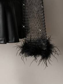 SHEIN ICON 鱼网长袖圆领拼布蓬松边饰 Y2K 派对女士音乐会女士闪光闪亮水钻上衣