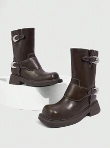 CUCCOO GRLICON 女式中筒靴，Y2K 风格，朋克摇滚，机车风，酷女孩装，适合万圣节、圣诞节和派对 - 棕色 - 查看 11