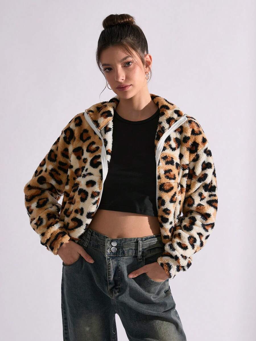 EURMUSE Animal Print Drop Shoulder Teddy Velvet Zip Lock Closure Coat - Multicolor - View 1