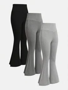 SHEIN Set 3 piese: pantaloni evazați cu decolteu în V, eleganti, pentru fete adolescente, versatili și practici, combinație în 3 culori