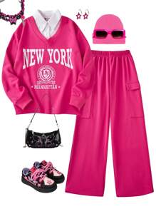 SHEIN 2 件套青少年女孩长袖领运动衫和阔腿工装裤休闲装，秋冬 - 玫紅色 - 查看 1