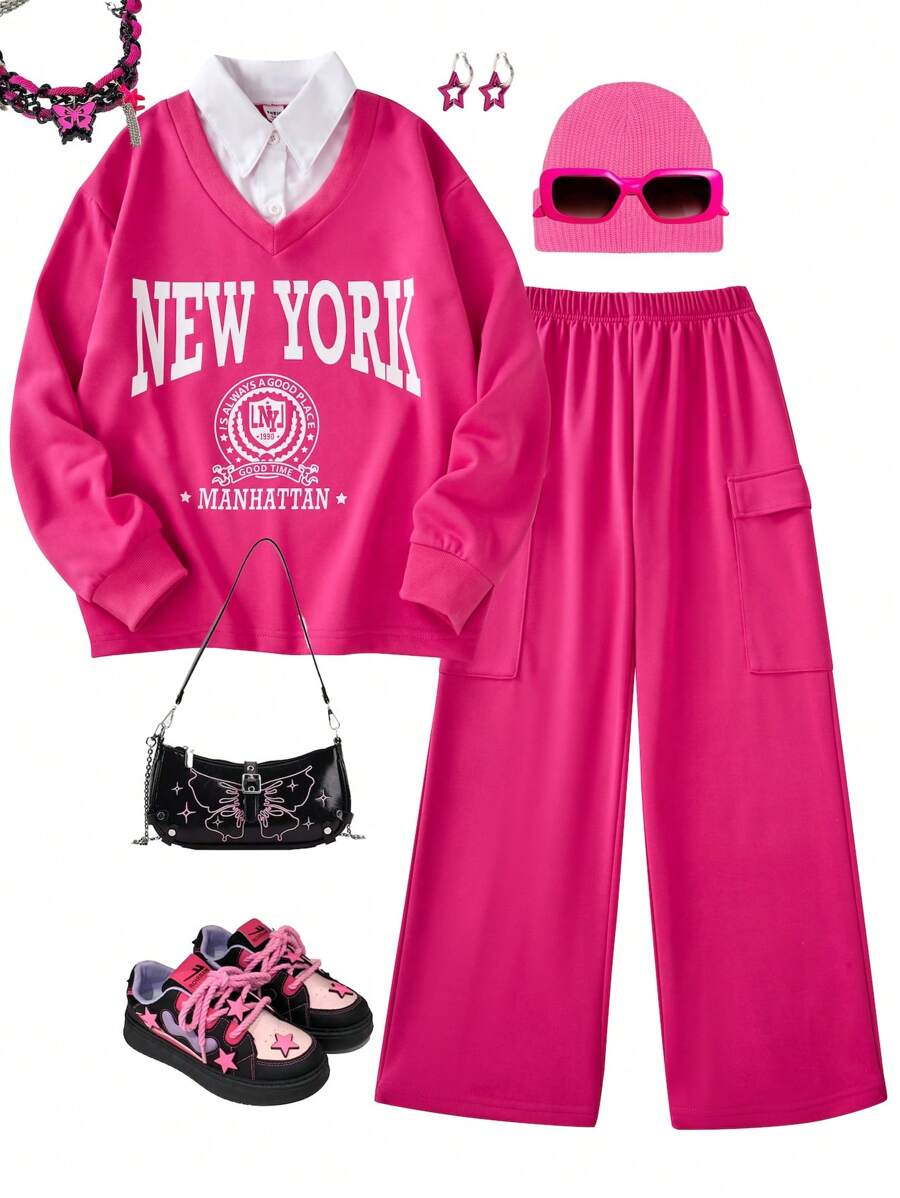 SHEIN 2 件套青少年女孩长袖领运动衫和阔腿工装裤休闲装,秋冬 - 玫紅色 - 查看 1