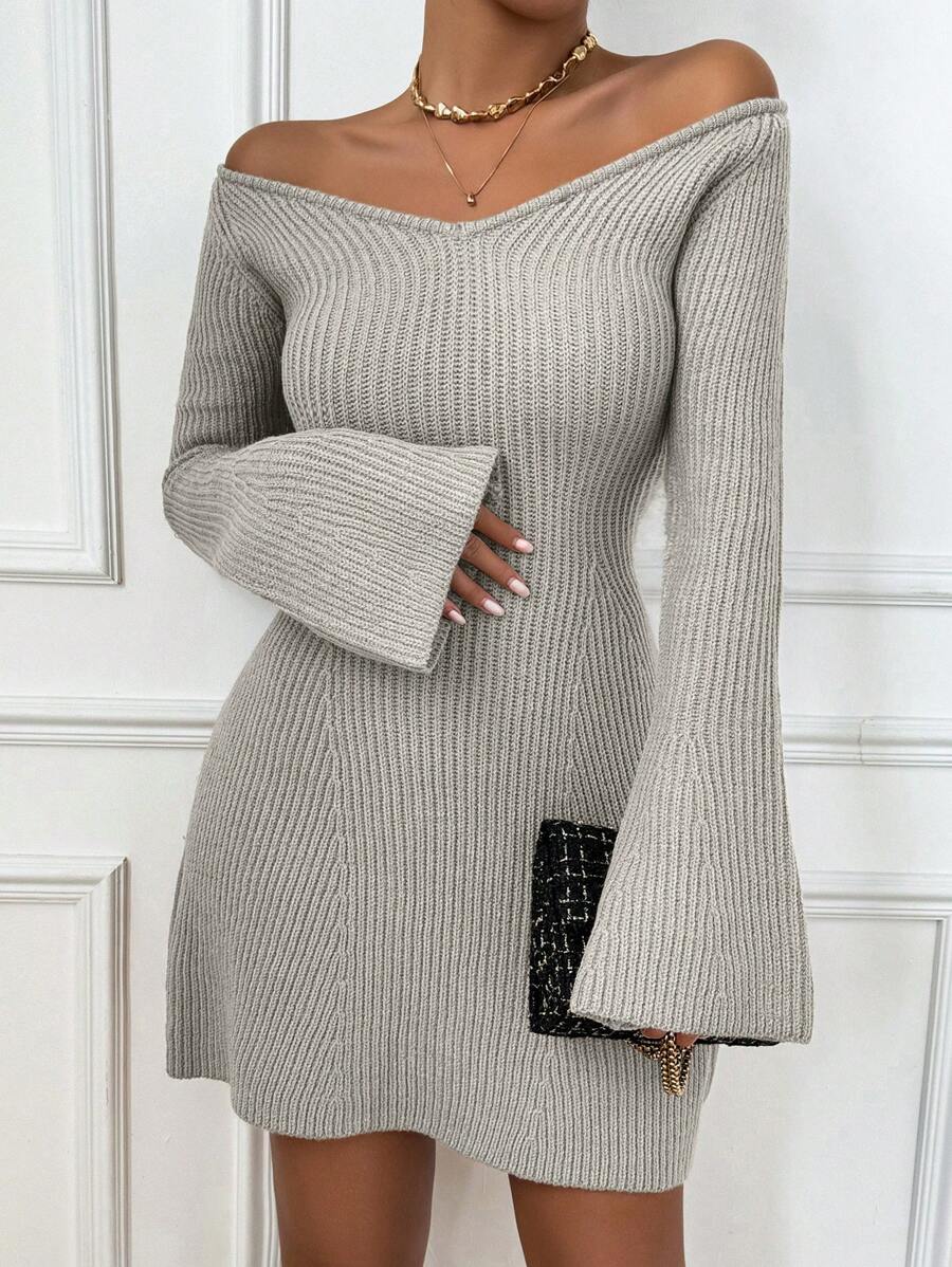 Chiquease Women's Solid Color V-Neck Flare Sleeve Simple Sweater Dress, Casual Everyday Wear - Grey - View 1