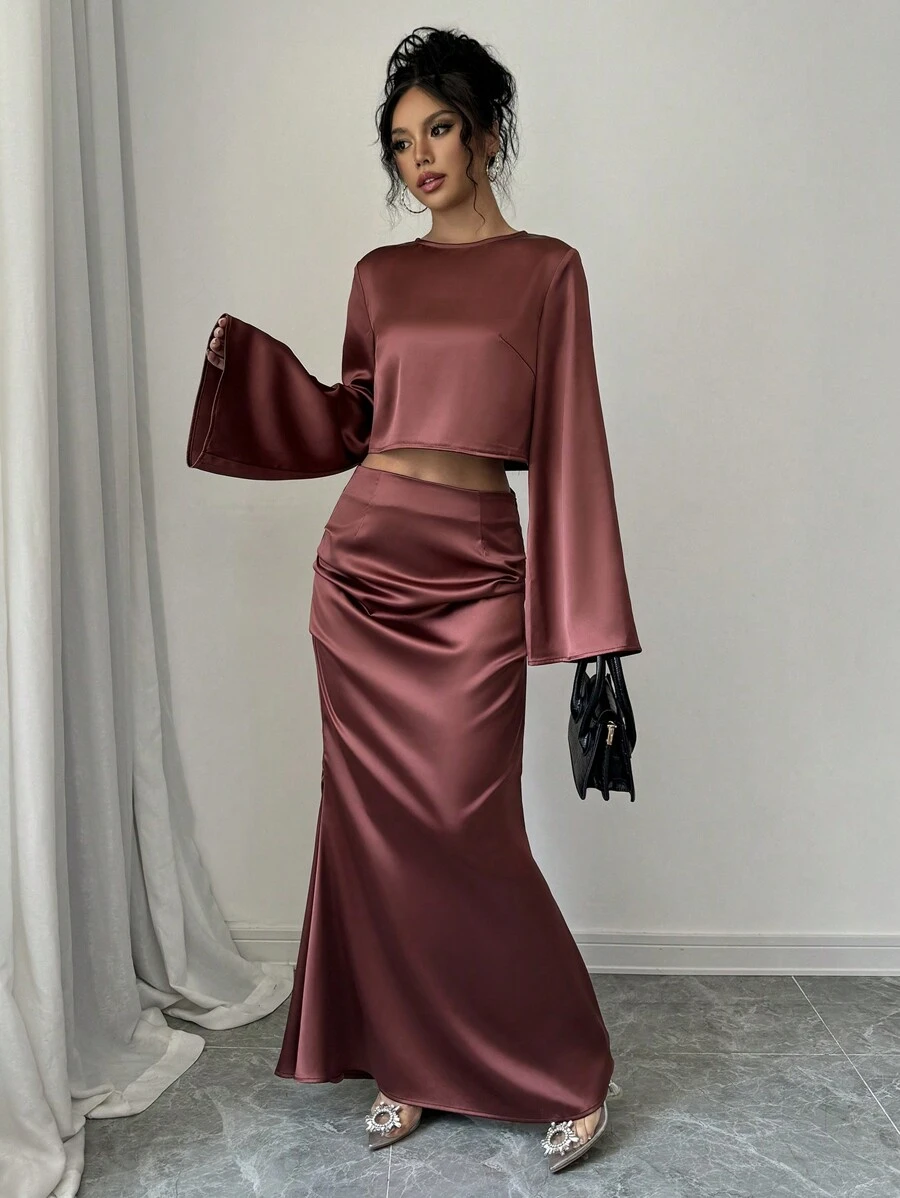 Chiquease 2 Pieces Satin Cropped Midriff Long Sleeve Fishtail Dress Set - Redwood - View 1