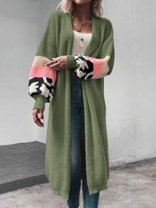 SHEIN LUNE 女士豹纹落肩长袖宽松长款开衫，秋冬 - 軍綠色 - 查看 3
