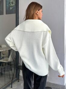 EURMUSE Women Relaxed Fitted Rib Knit Detailed Sweater With Wide Collar And Button Details - White - View 2