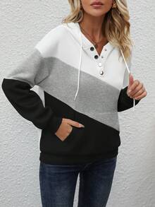 SHEIN LUNE Áo hoodie hở vai rộng rãi, có túi Kangaroo, cài nửa nút phía trước, dây rút cho nữ - Nhiều màu - Xem 4