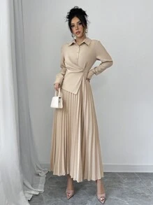 Selianne 女士休闲纯色优雅褶皱腰中长连衣裙，秋季长款女装 - 杏色 - 查看 6
