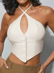 Hauture Women Solid Asymmetrical Hem Crisscross Halter Crop Top, Business Casual Outfits Women