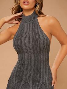 Hauture Casual Knit Mock Neck Open Back Flared Mini Dress - Dark Grey - View 4