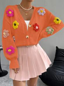 Chiquease Áo len cardigan dệt hoa cổ chữ V tay dài cho nữ - trái cam - Xem 6