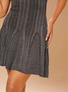 Hauture Casual Knit Mock Neck Open Back Flared Mini Dress - Dark Grey - View 2