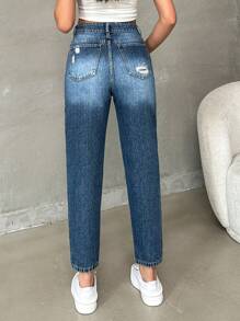 RueChic Casual Mid Waist Ripped Mom Fit Jeans - Medium Wash - View 2