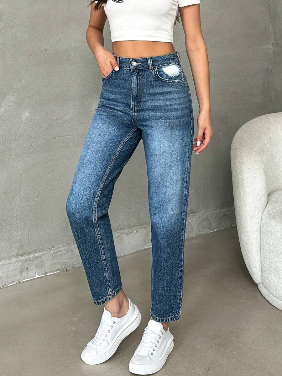 RueChic Casual Mid Waist Ripped Mom Fit Jeans - Medium Wash - View 1