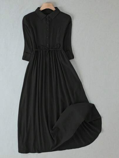 Franclia Kvinnors casual enfärgad midiklänning med knappstängning framtill, höst Maxi damoutfit