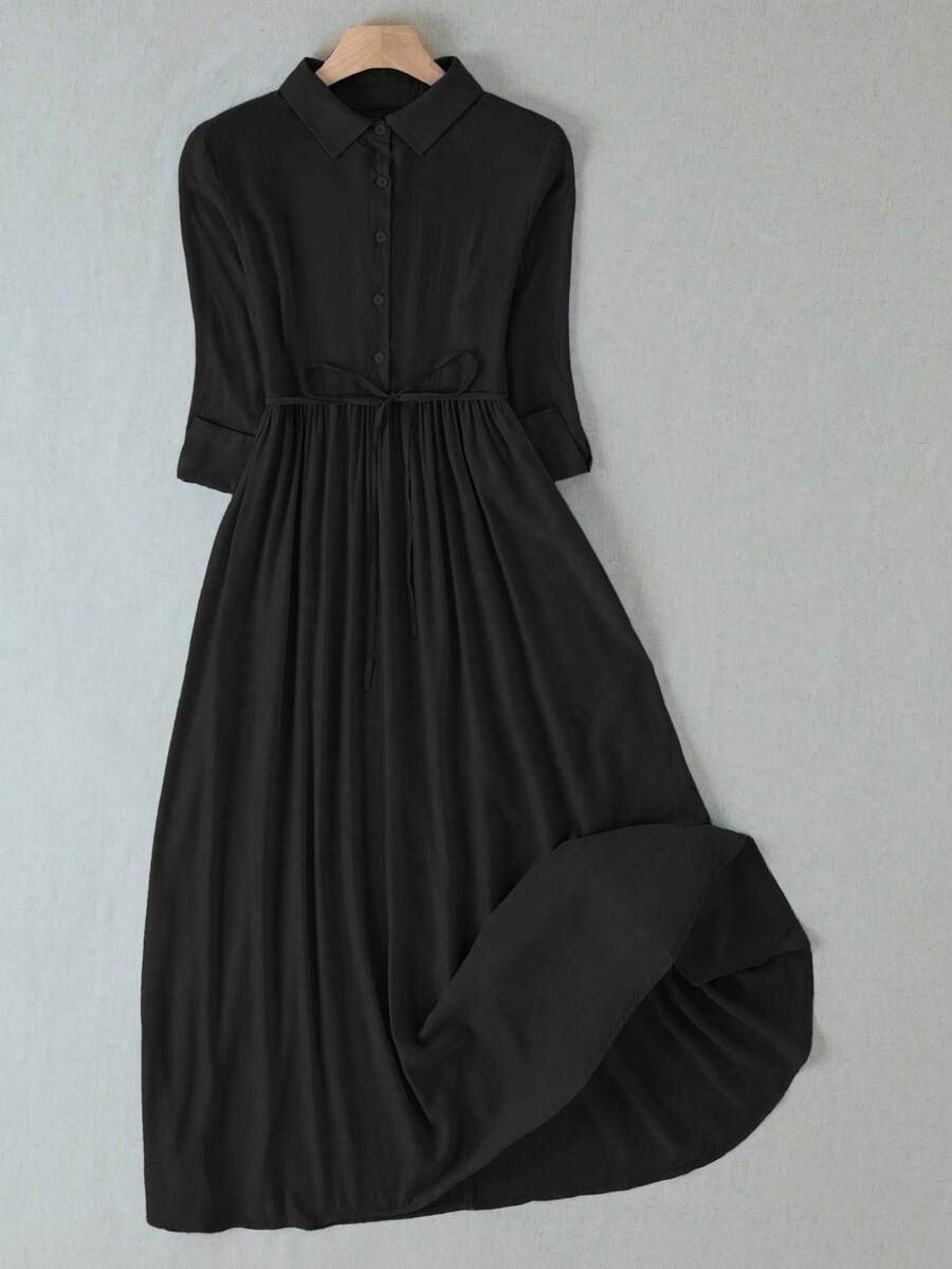 Franclia Women's Casual Solid Color Front Button Closure Midi Dress, Autumn Maxi Women Outfit