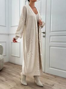 EURMUSE Ponpon And Stone Button Detail Maxi Long Cardigan - Apricot - View 8