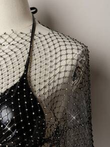 SHEIN ICON 鱼网长袖圆领拼布蓬松边饰 Y2K 派对女士音乐会女士闪光闪亮水钻上衣