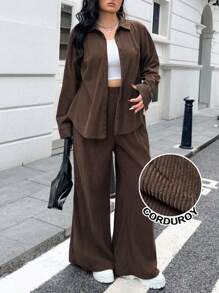 Muchica 2pcs Plus Size Women's Solid Color Button-Front Long Sleeve Blouse And Pants Set - Rust Brown - View 1