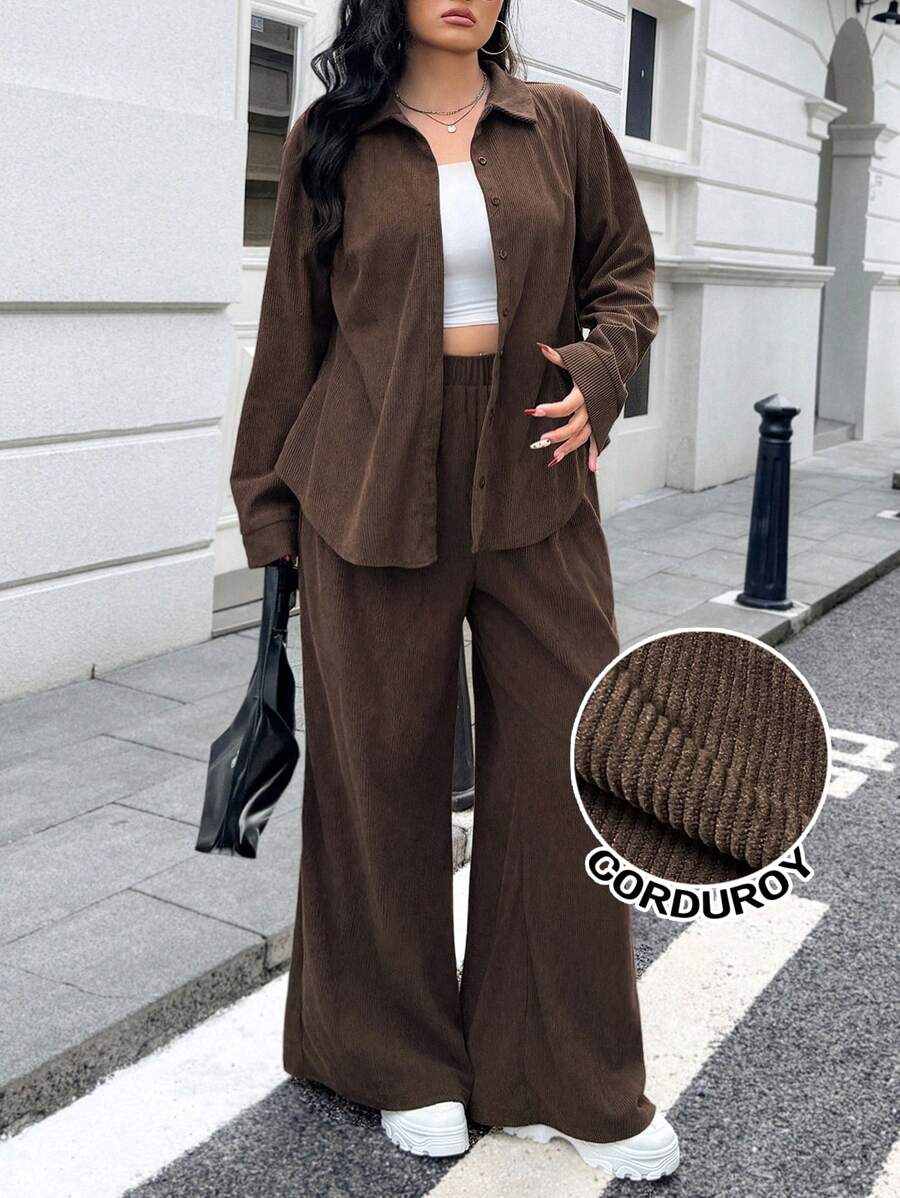 Muchica 2pcs Plus Size Women's Solid Color Button-Front Long Sleeve Blouse And Pants Set - Rust Brown - View 1