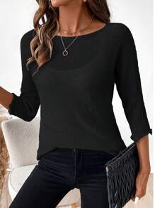 EMERY ROSE Women Casual Round Neck Loose Solid Color Knit Sweater, Suitable For Autumn And Winter Knit Pullover Fall - Black - View 4