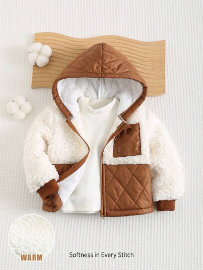 Cozy Pixies Baby Boy Contrast Color Hooded Thermal Lined Long Sleeve Cardigan Jacket, Casual Versatile,In Fall/Winter