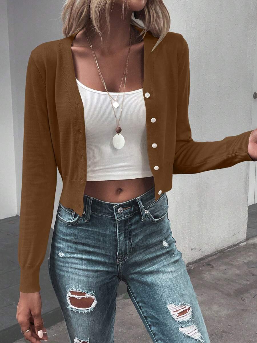 SHEIN LUNE Women Casual Front Button Solid Color Thin Cardigan, Suitable For Autumn - Brown - View 1