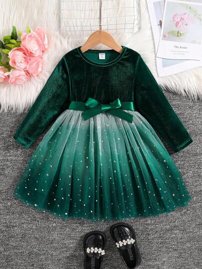 SHEIN Glamorique Kids Young Girl Solid Color Splice Front Tie Long Sleeve Casual Dress