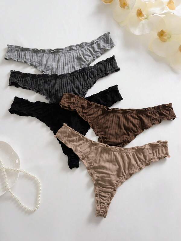Set de 5 tangas con volantes y rayas en estilo casual