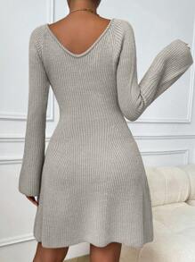 Chiquease Women's Solid Color V-Neck Flare Sleeve Simple Sweater Dress, Casual Everyday Wear - Grey - View 2