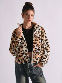 EURMUSE Animal Print Drop Shoulder Teddy Velvet Zip Lock Closure Coat - Multicolor - View 6