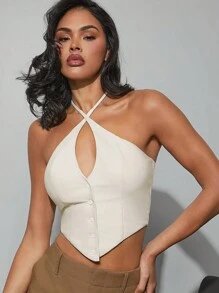 Hauture Women Solid Asymmetrical Hem Crisscross Halter Crop Top, Business Casual Outfits Women