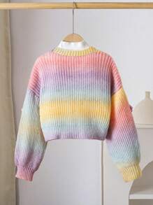 SHEIN Cárdigan de flores tejido a mano con diseño arcoíris, suéter corto con mangas de farol lindo para niñas