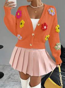 Chiquease Áo len cardigan dệt hoa cổ chữ V tay dài cho nữ - trái cam - Xem 5