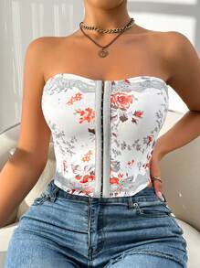 Breezaya 女式复古花卉印花露肩紧身胸衣短款上衣 - 彩色 - 查看 1