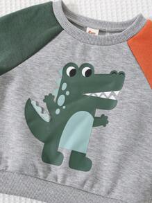 Cozy Pixies 2 件装男婴卡通恐龙图案针织柔软插肩袖套头衫和松紧腰裤套装 - 綠色 - 查看 11