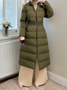 RueChic Zip Up Fuzzy Trim Hooded Puffer Coat - Dark Green - View 1