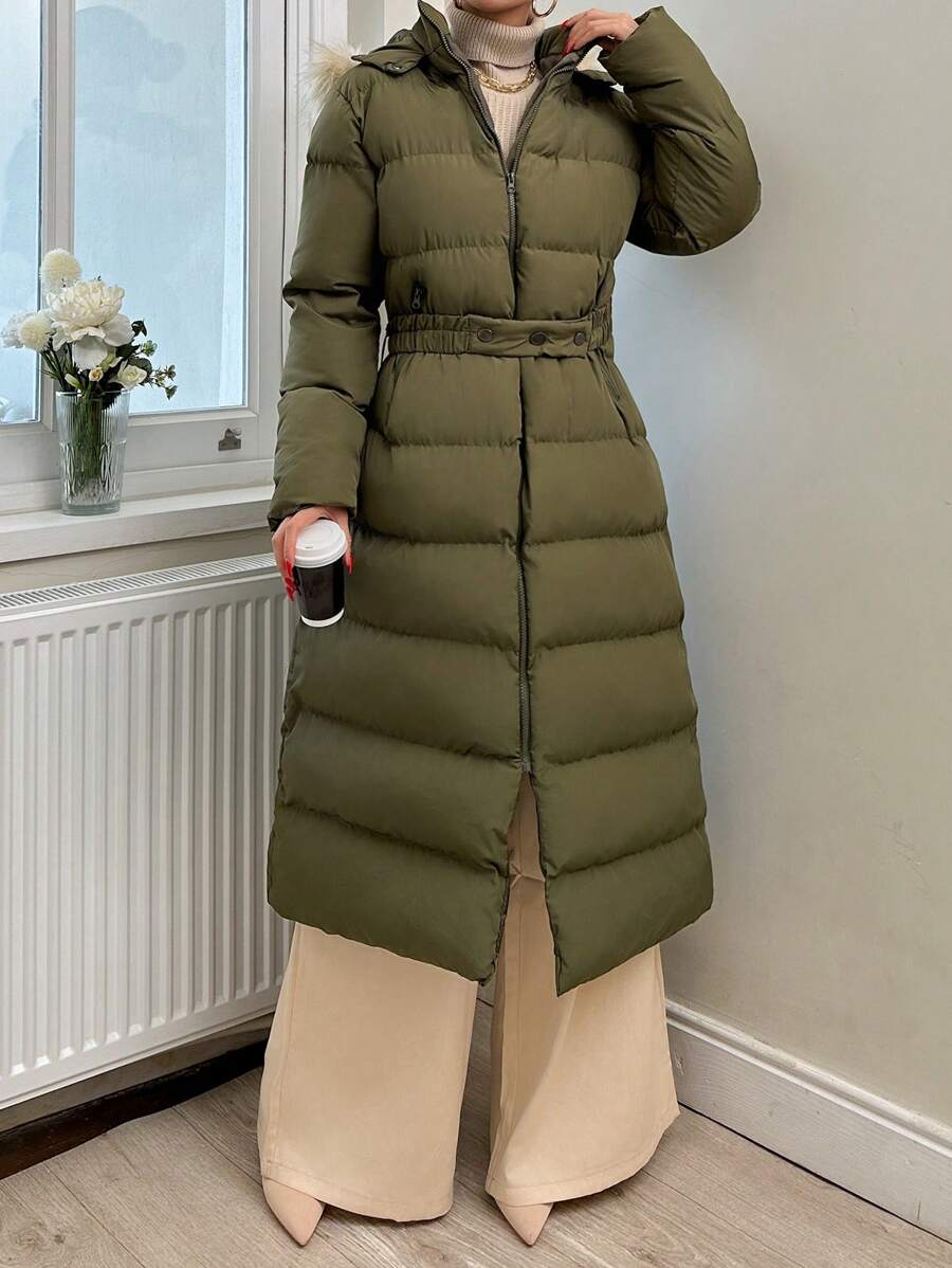 RueChic Zip Up Fuzzy Trim Hooded Puffer Coat - Dark Green - View 1