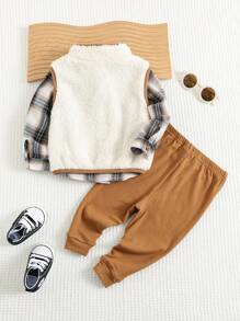 Cozy Pixies 3-delige babyjongensset: geruit revers lange mouwen overhemd met knoopjes, contrasterende kleur mouwloos dik vest en elastische taillebroek