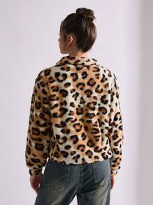 EURMUSE Animal Print Drop Shoulder Teddy Velvet Zip Lock Closure Coat - Multicolor - View 2