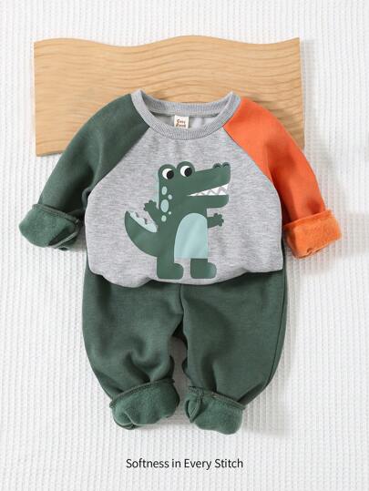 Cozy Pixies 2pcs Baby Boy Cartoon Dinosaur Pattern Knitted Soft Raglan Sleeve Pullover Sweatshirt And Elastic Waist Pants Set
