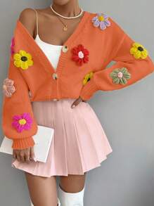 Chiquease Áo len cardigan dệt hoa cổ chữ V tay dài cho nữ - trái cam - Xem 3